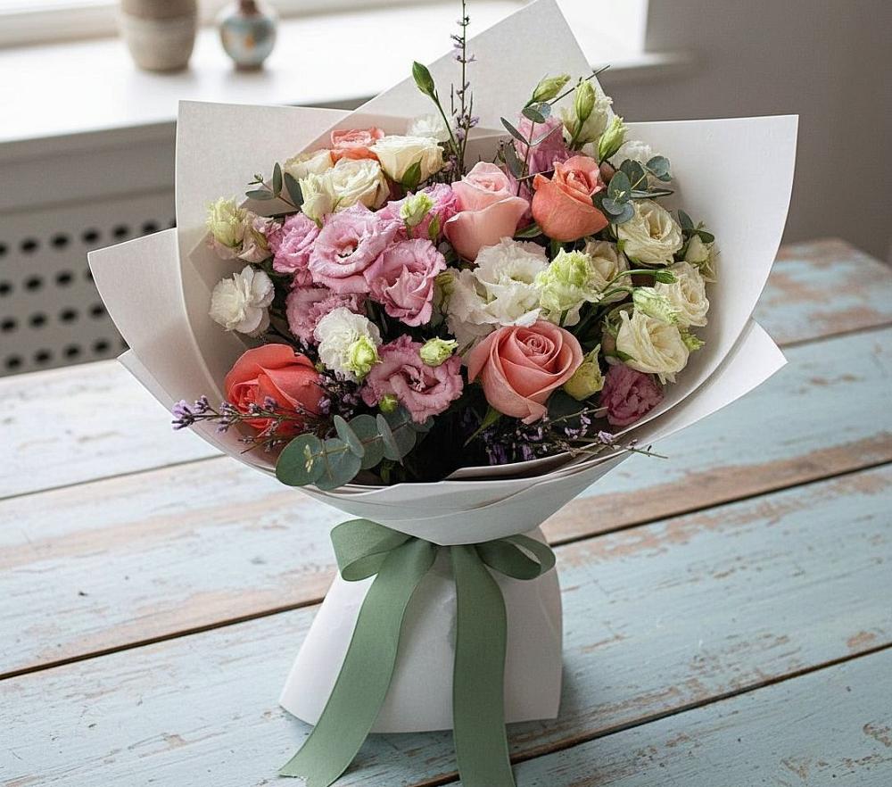 Букет цветов из: Розы, Лизиантусы и Гвоздики в Кумылженской