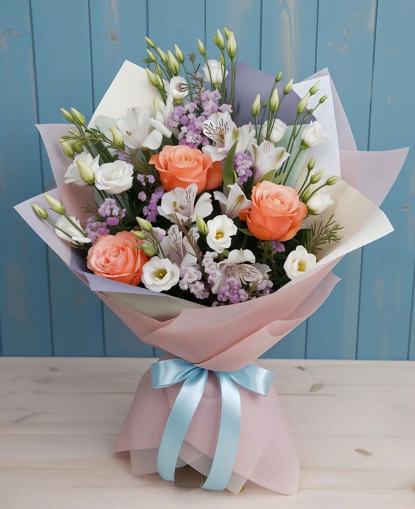 Букет цветов из: Лизиантусы, Розы, Альстромерии и Гипсофила в Кумылженской